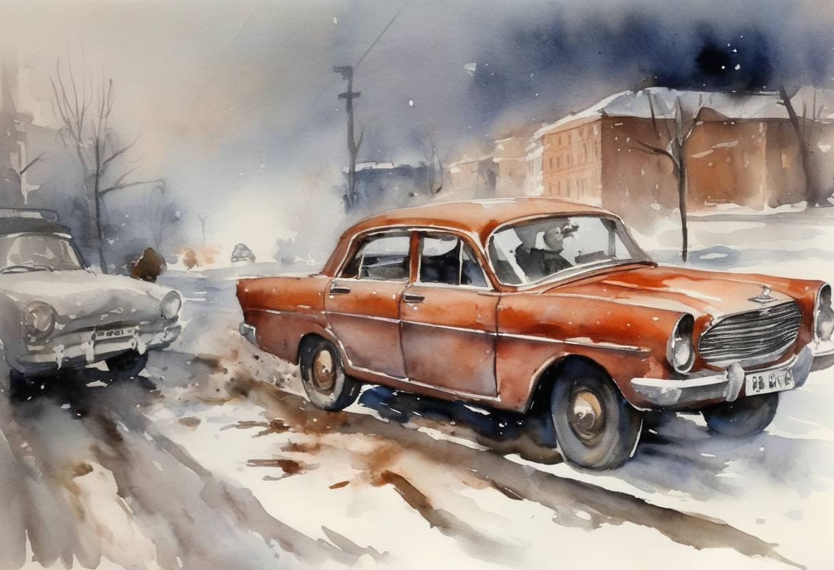 Watercolor painting based depiction of A car carrying Soviet cosmonaut Yuri Gagarin collides with another vehicle, injuring him. (1963)