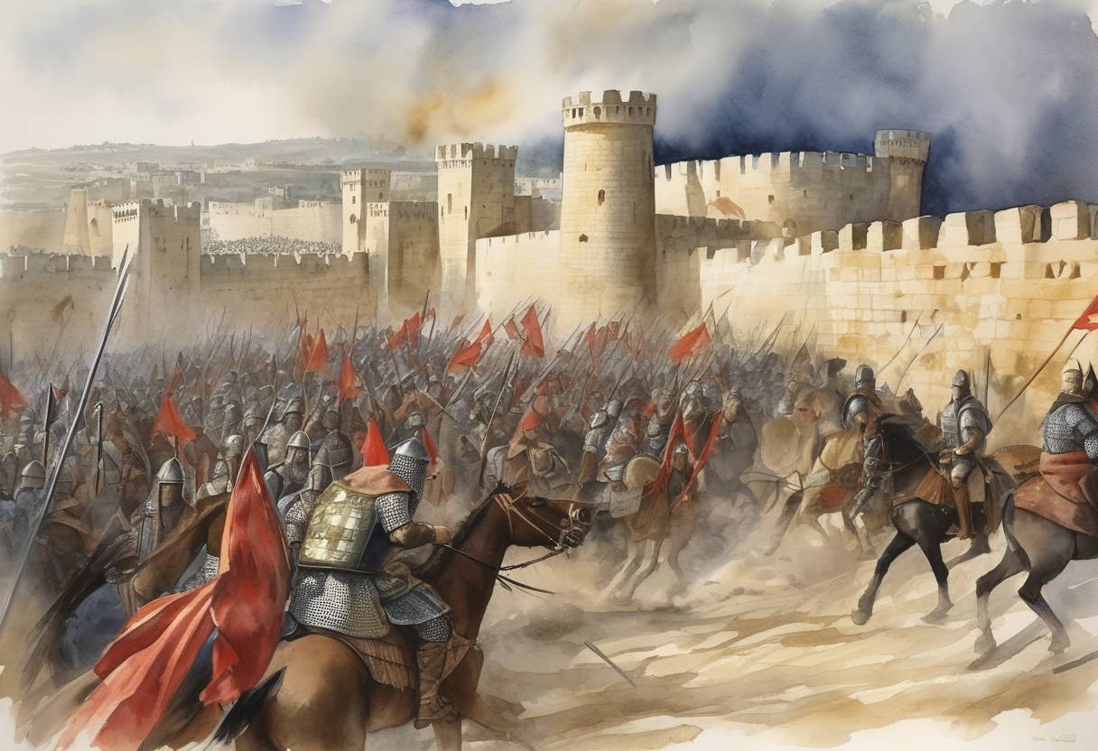 Watercolor painting based depiction of The First Crusade: Crusaders begin the Siege of Jerusalem, a pivotal moment in the campaign to capture the Holy City from Muslim control. (1099)