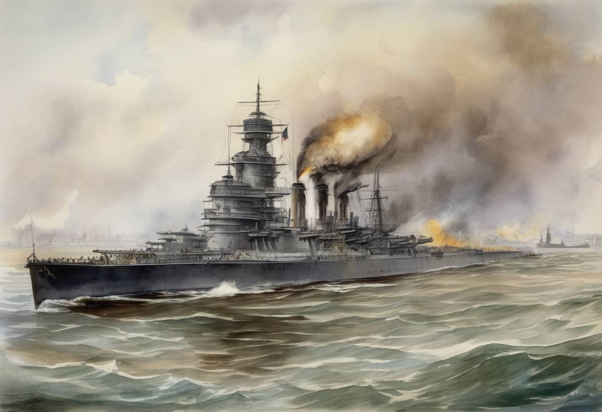Watercolor painting based depiction of The USS Indiana is launched as the U.S. Navy's first modern battleship. (1893)