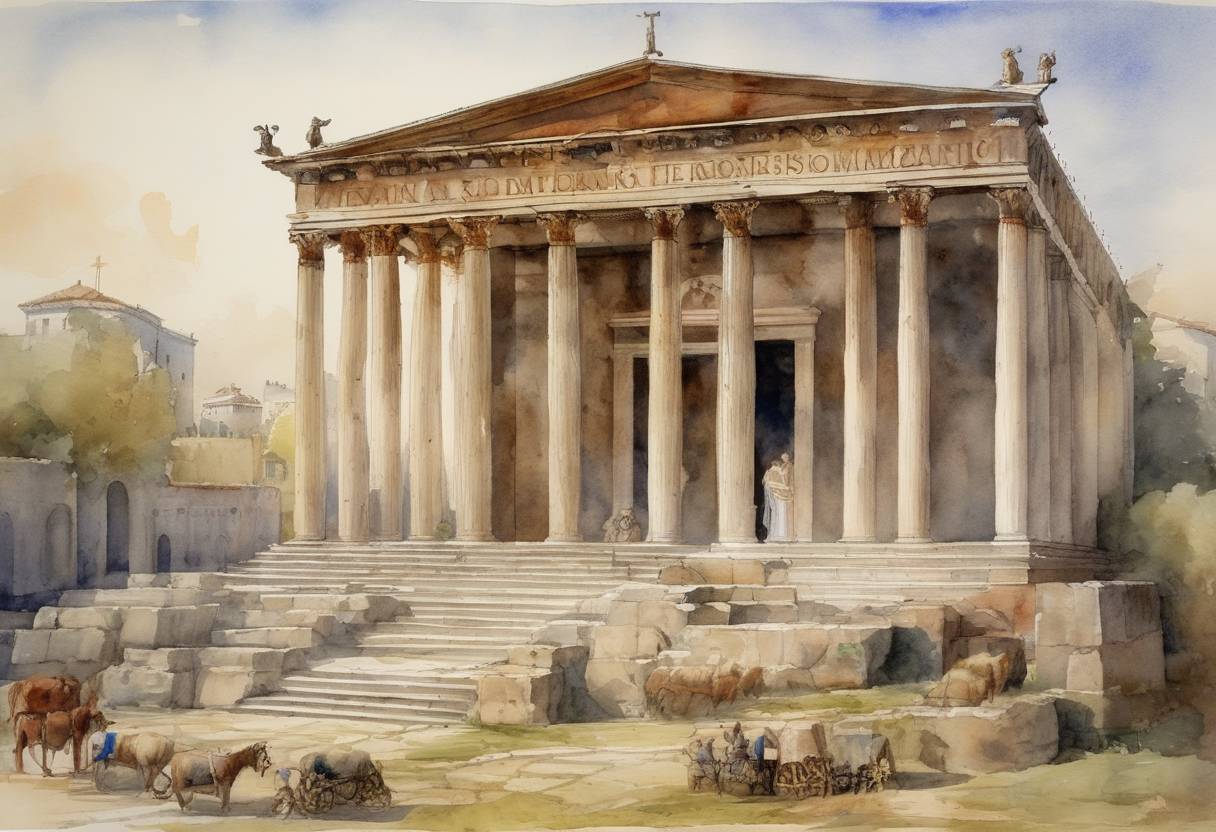 Watercolor painting based depiction of The Edict of Thessalonica was issued by Roman Emperors Theodosius I, Gratian, and Valentinian II, establishing Nicene Christianity as the official state religion of the Roman Empire. (380)