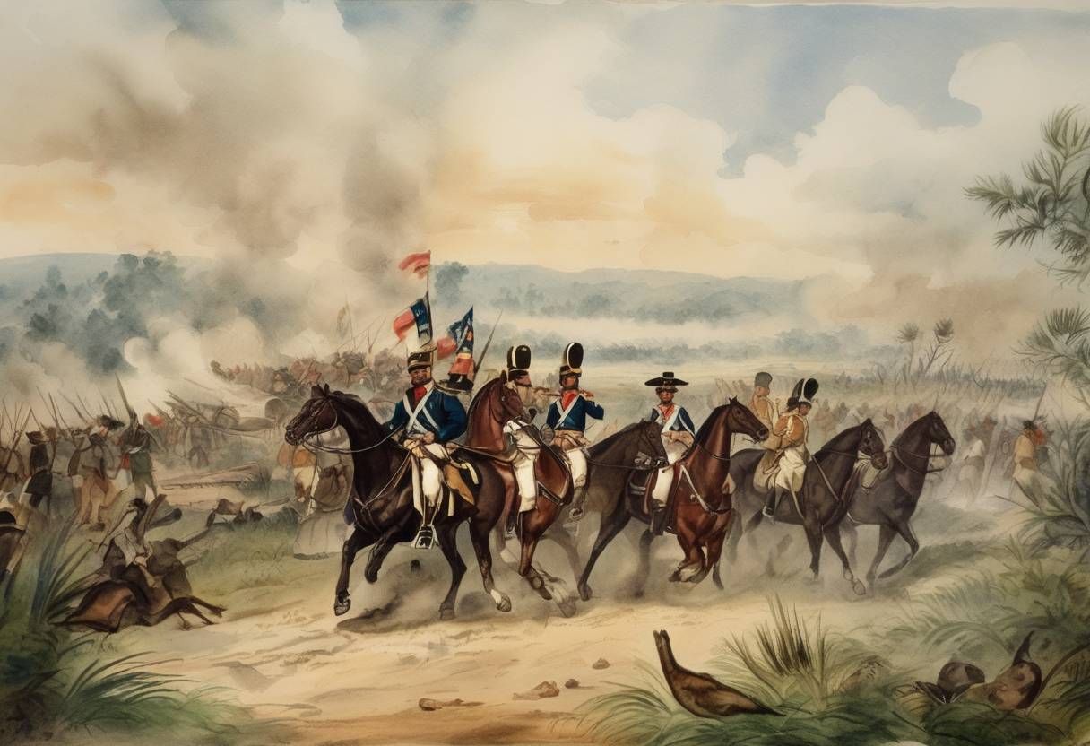 Watercolor painting based depiction of Texas forces under Sam Houston surprised and defeated the Mexican army of General Antonio López de Santa Anna in the Battle of San Jacinto, leading to the independence of Texas. (1836)