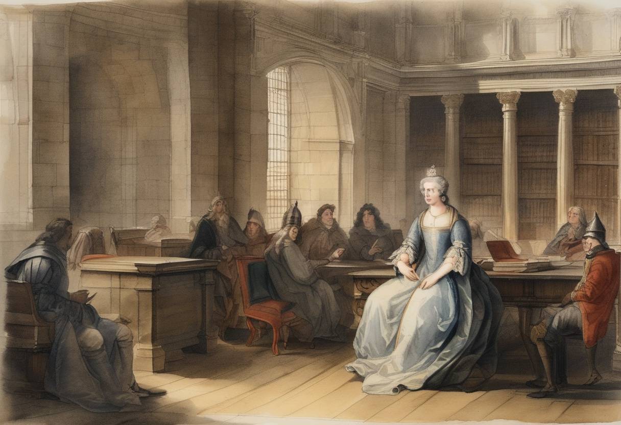 Watercolor painting based depiction of Queen Anne of England knights Isaac Newton at Trinity College, Cambridge. (1705)