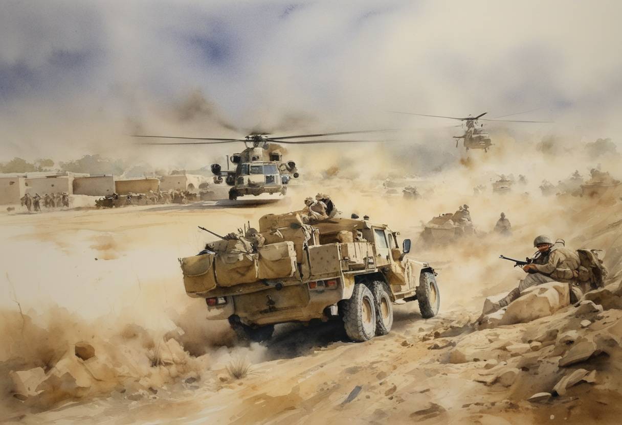 Watercolor painting based depiction of Operation Josephine B, a major offensive against the Taliban in Afghanistan, was launched by British forces in Helmand province. (2007)