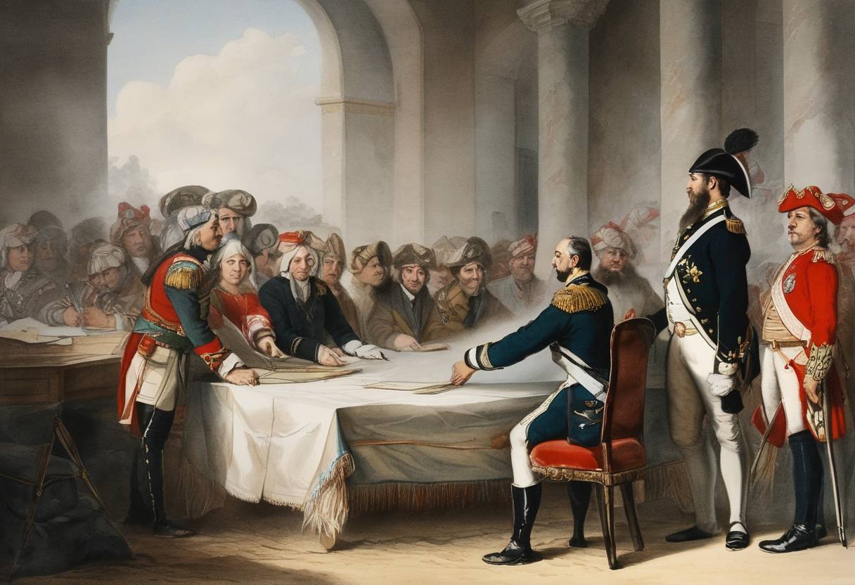 Watercolor painting based depiction of The Treaty of Sistova is signed, ending the Austro-Turkish War between Austria and the Ottoman Empire, aiming to maintain the status quo ante bellum. (1791)