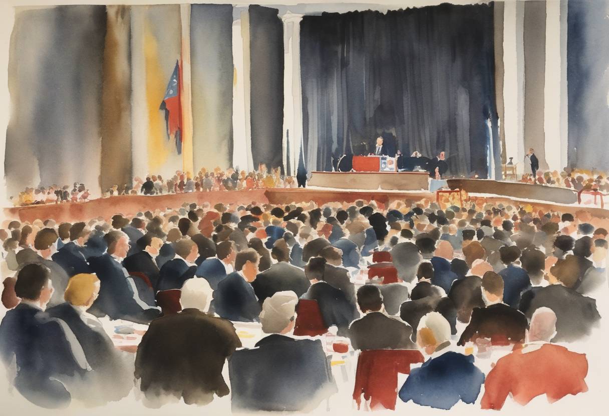 Watercolor painting based depiction of At the 23rd National Conference of the Communist Party of Czechoslovakia, party chairman Gustav Husak warns against reform or liberalization efforts, reinforcing the hardline policies that defined the Czechoslovak normalization era. (1978)