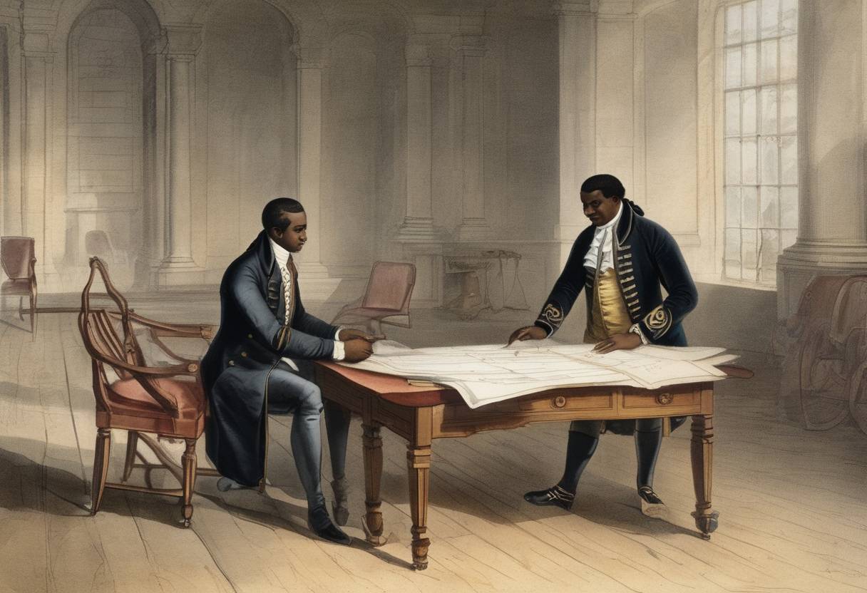 Watercolor painting based depiction of Benjamin Banneker and Pierre Charles L'Enfant begin to lay out plans for Washington D.C. (1789)