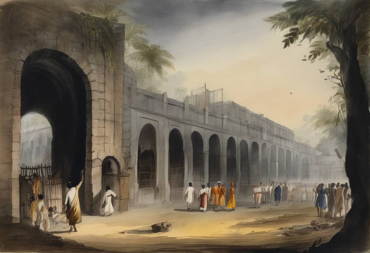 Watercolor painting based depiction of The infamous 'Black Hole of Calcutta' incident took place, where British prisoners were allegedly held in a small dungeon leading to numerous deaths from suffocation and heat exhaustion. (1756)