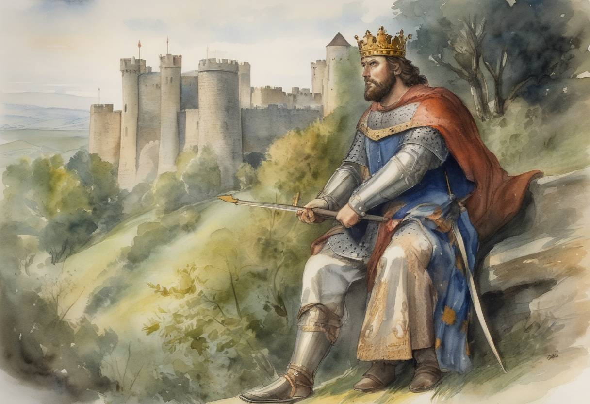 Watercolor painting based depiction of Richard I (the Lionheart), King of England, was wounded by a crossbow bolt during the siege of the castle of Châlus-Chabrol in France. (1199)