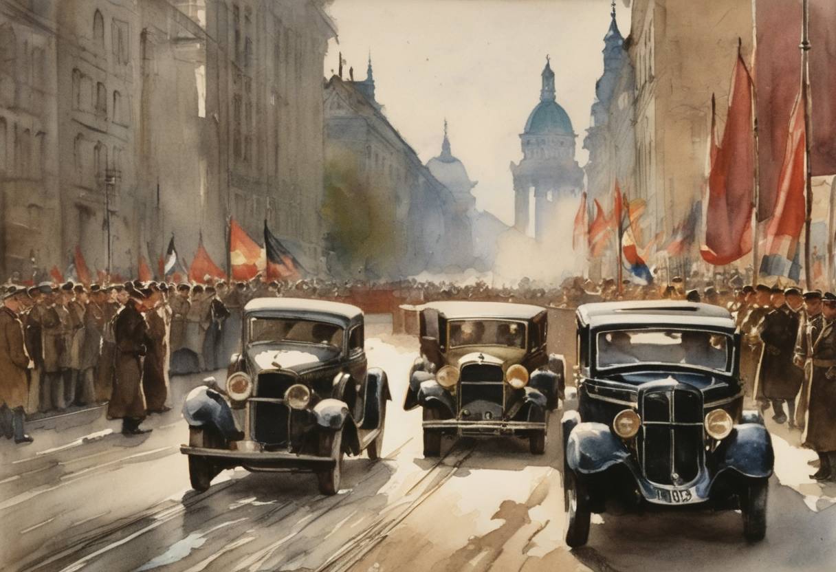 Watercolor painting based depiction of The Enabling Act of 1933 was passed in Germany, effectively giving Adolf Hitler plenary powers and marking the beginning of his dictatorship. (1933)