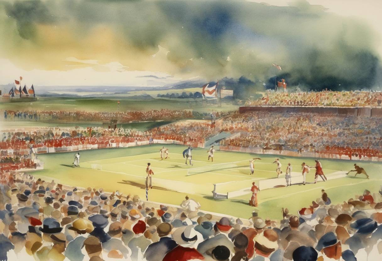 Watercolor painting based depiction of The first British Empire Games (now known as the Commonwealth Games) concluded in Hamilton, Ontario, Canada. This multi-sport event aimed to promote friendly competition among Commonwealth countries. (1930)