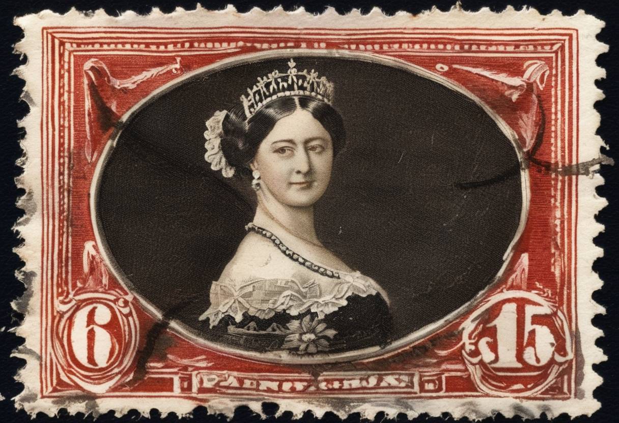 Watercolor painting based depiction of The first official adhesive postage stamp, the Penny Black, became valid for use in the United Kingdom. It featured a portrait of Queen Victoria and revolutionized the postal system by simplifying the process of sending mail. (1840)