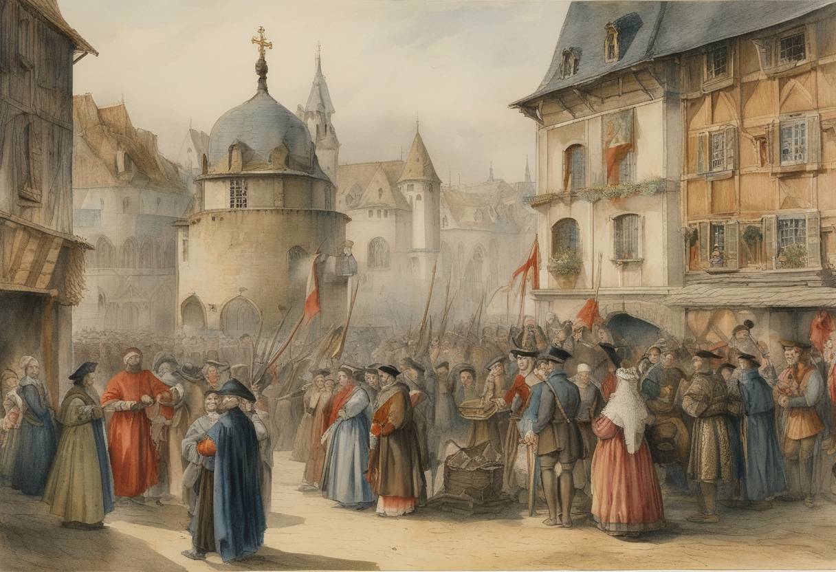 Watercolor painting based depiction of The Peace of Longjumeau was signed, temporarily ending the Second War of Religion in France amidst the French Wars of Religion, which were conflicts between Catholics and Huguenots (French Protestants). (1568)