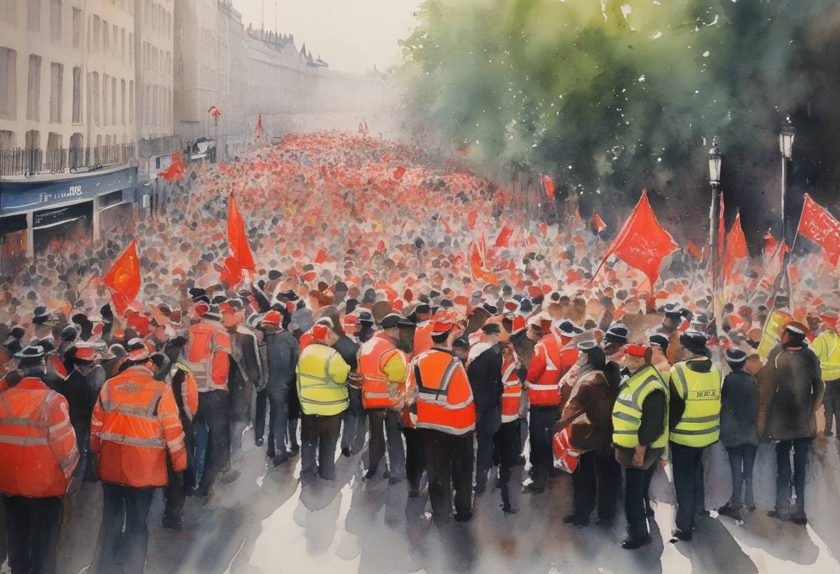 Watercolor painting based depiction of Crowds in the UK gathered as Royal Mail workers staged a strike over pay and conditions, marking continued unrest following a series of industrial actions by various unions amid a cost-of-living crisis. (2023)