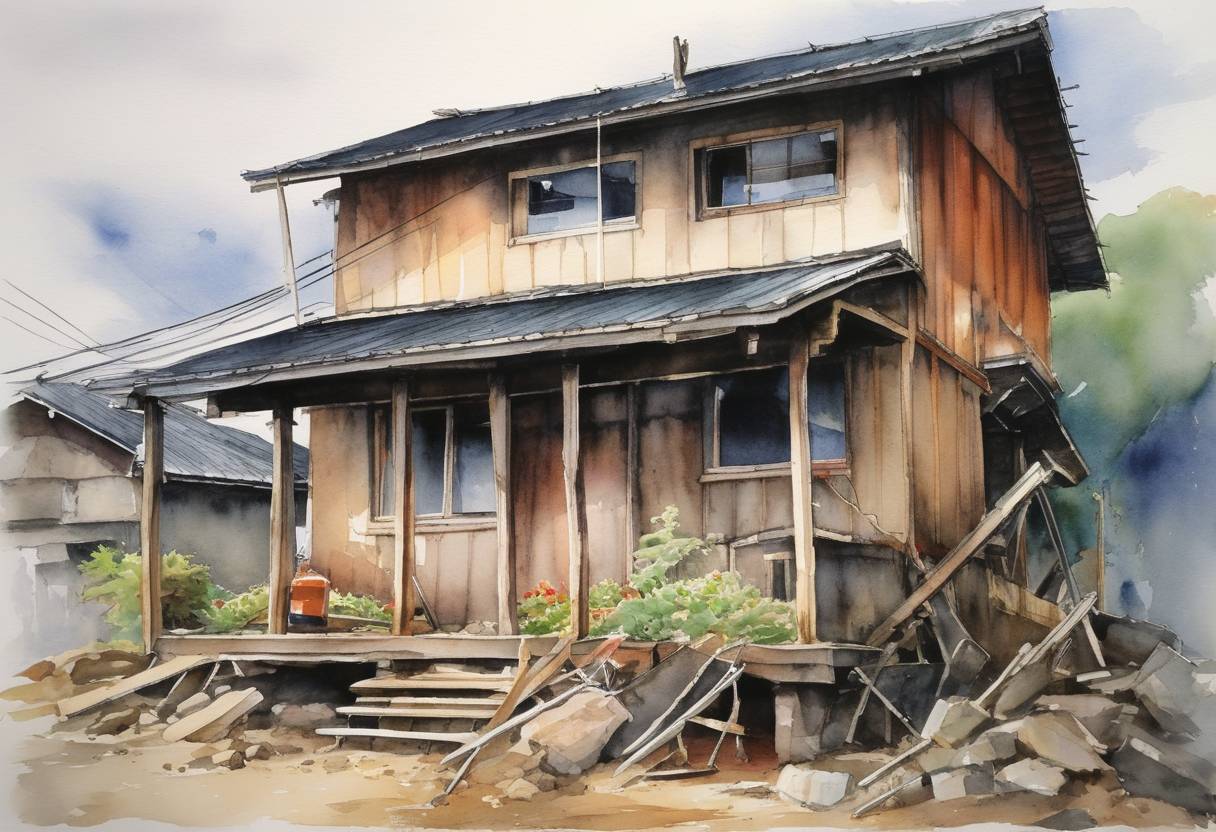 Watercolor painting based depiction of A strong earthquake measuring 7.2 on the Richter scale strikes northern Japan, killing at least two people and injuring more than 240. (2003)