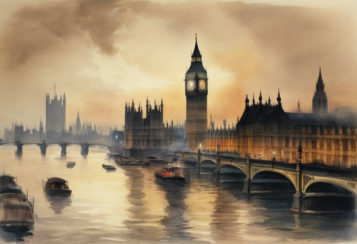 Watercolor painting based depiction of The tolling bell known as Big Ben rang out for the first time at the Palace of Westminster in London, England. (1859)