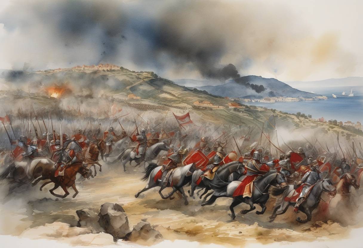 Watercolor painting based depiction of The Battle of Halmyros took place, resulting in the decisive defeat of the Catalan Company by the forces of the Duchy of Athens. This battle led to significant shifts in power in the region. (1311)