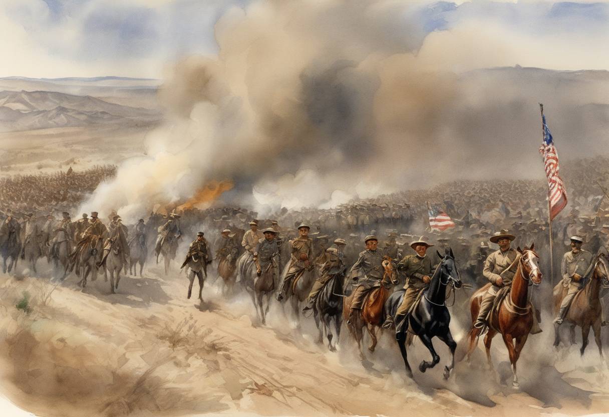 Watercolor painting based depiction of United States President Woodrow Wilson sends 4,800 U.S. troops over the U.S.-Mexico border to pursue Pancho Villa. This military action, known as the Pancho Villa Expedition or the Mexican Expedition, was in response to Villa's raid on the town of Columbus, New Mexico. (1916)