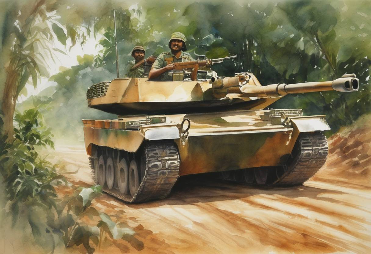 Watercolor painting based depiction of The Sri Lankan government announces the capture of Mullaitivu, the last stronghold of the Liberation Tigers of Tamil Eelam (LTTE). (2009)