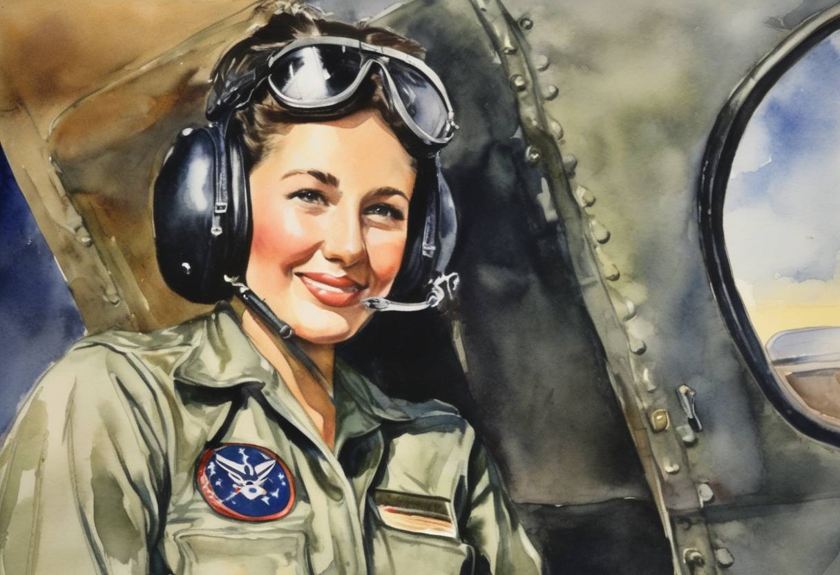 Watercolor painting based depiction of The first woman completed the US Air Force pilot's training program, marking a significant achievement for women in aviation. (1948)