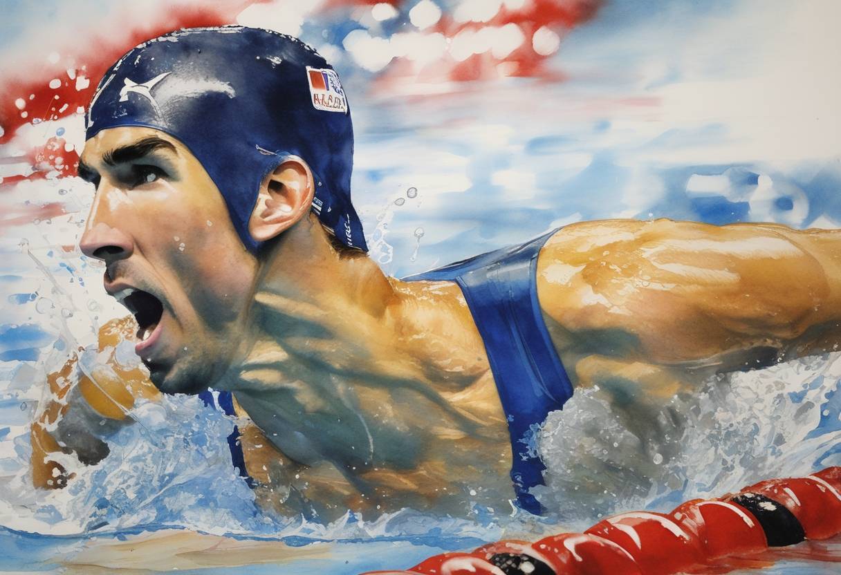Watercolor painting based depiction of Michael Phelps won his 11th Olympic gold medal at the Beijing Olympics, setting a record for the most Olympic golds won by an individual. (2008)