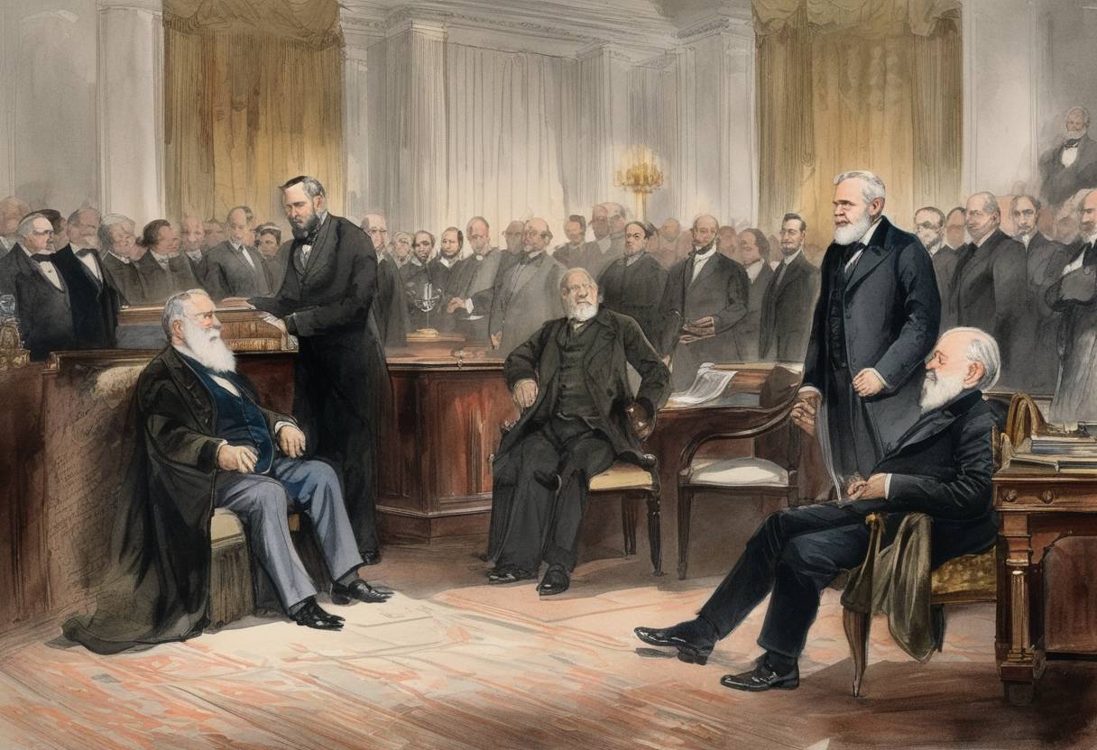 Watercolor painting based depiction of Benjamin Harrison was inaugurated as the 23rd President of the United States. (1889)