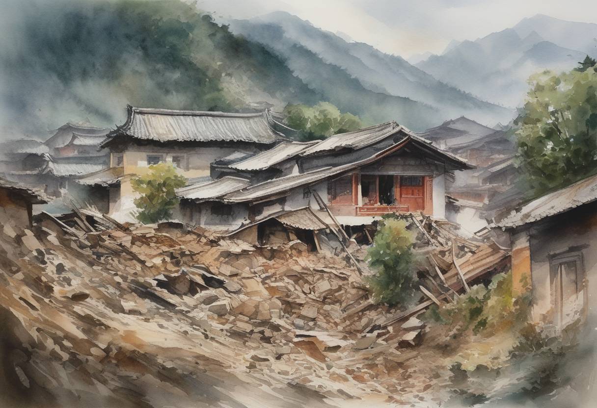 Watercolor painting based depiction of An earthquake with a magnitude of 7.9 struck the Sichuan province in China, leading to widespread destruction and a significant loss of life. This became one of the deadliest earthquakes in China's history. (2008)