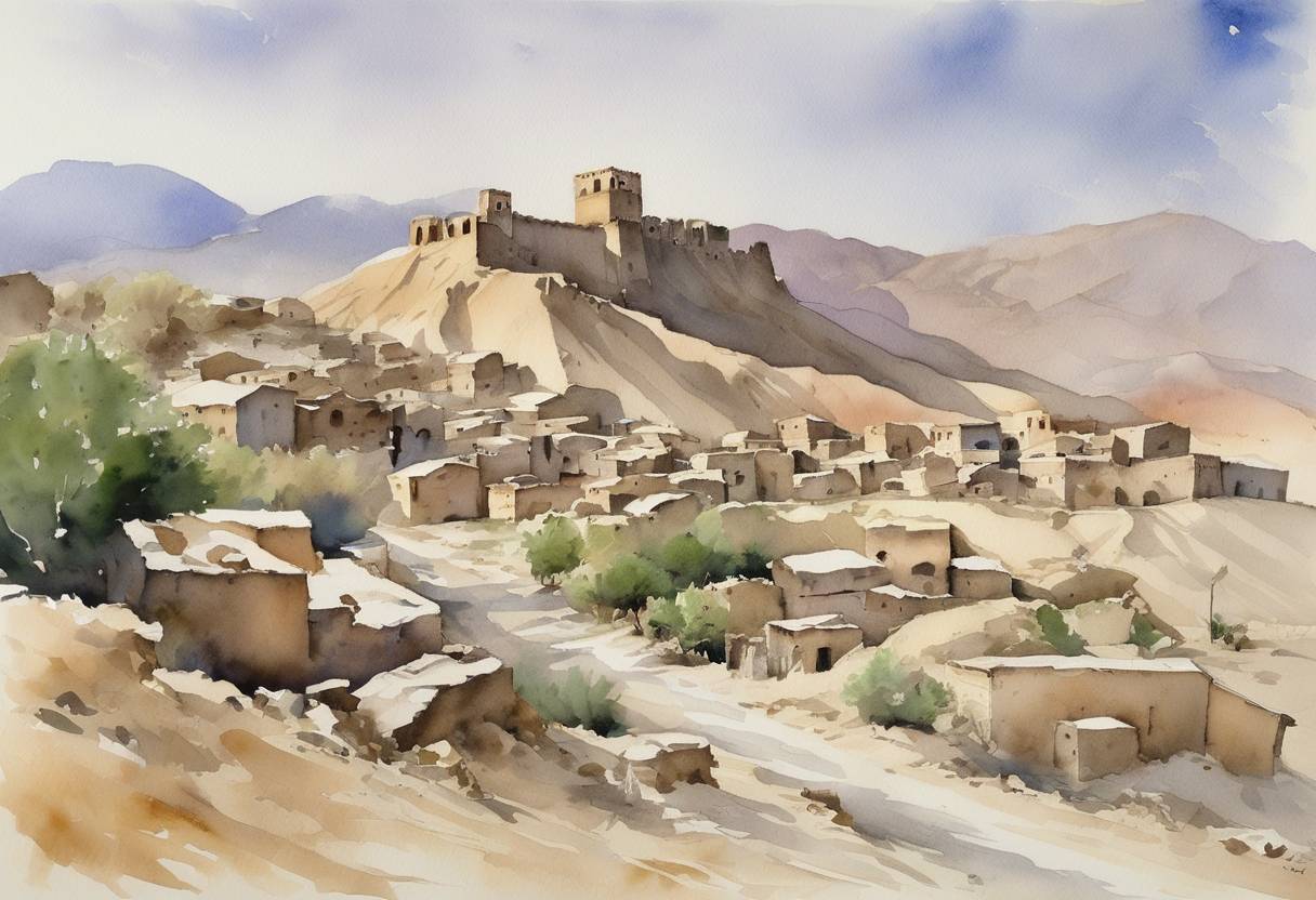 Watercolor painting based depiction of A 7.9 magnitude earthquake occurs in northern Afghanistan, causing widespread damage and reportedly killing at least 2,000 people. (2002)