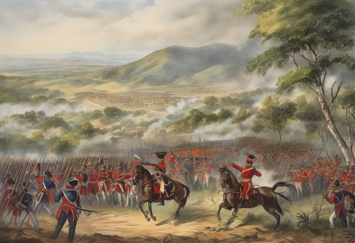 Watercolor painting based depiction of The Battle of Carabobo took place, resulting in a decisive victory for the revolutionary forces led by Simón Bolívar against the Spanish royalist army, securing the independence of Venezuela. (1821)