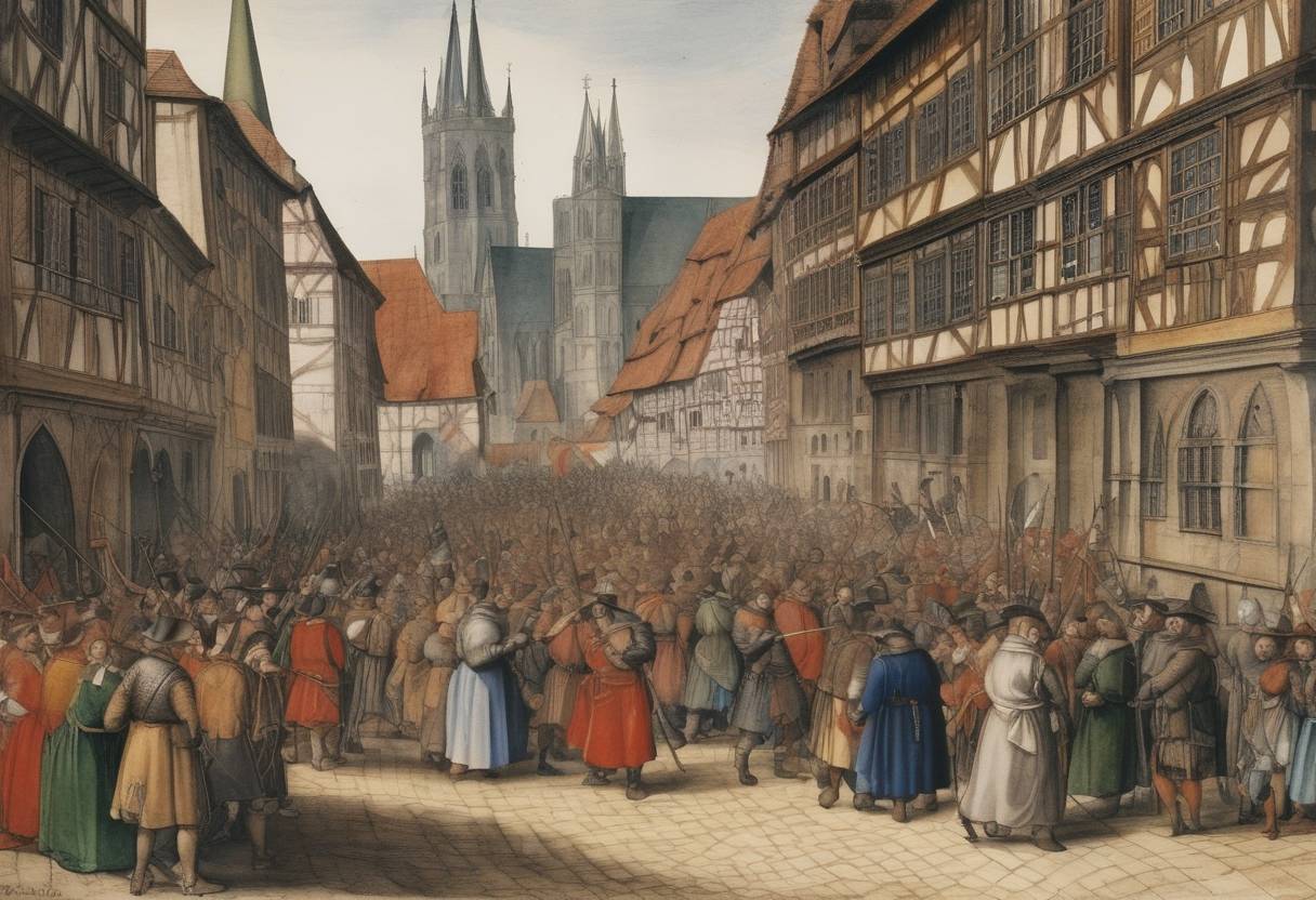 Watercolor painting based depiction of On this day, the Anabaptist rebellion in Münster is finally quelled with the capture and execution of its remaining leaders, ending the radical social and religious experiment in the city. (1535)
