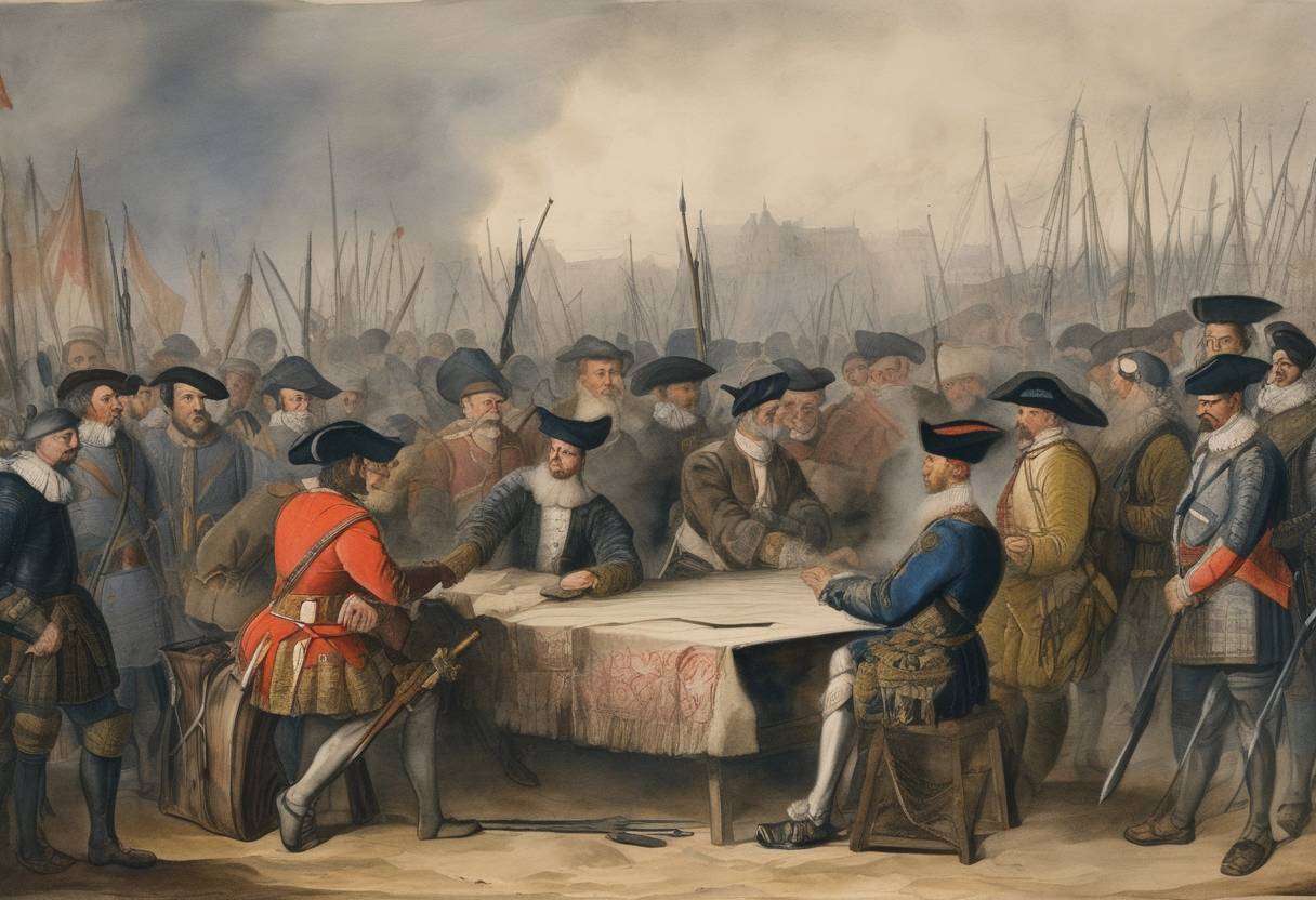 Watercolor painting based depiction of Spain and the Dutch Republic sign the Twelve Years' Truce, halting warfare for a period during the Eighty Years' War as both sides sought to recover from the exhaustion of the first phase of the conflict. (1609)