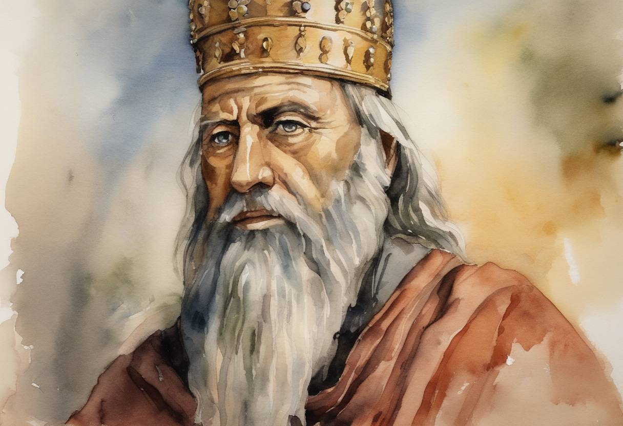 Watercolor painting based depiction of Emperor Basil I, the founder of the Macedonian dynasty, reconquered and refortified the city of Syracuse in Sicily after expelling the Muslim invaders. (886)