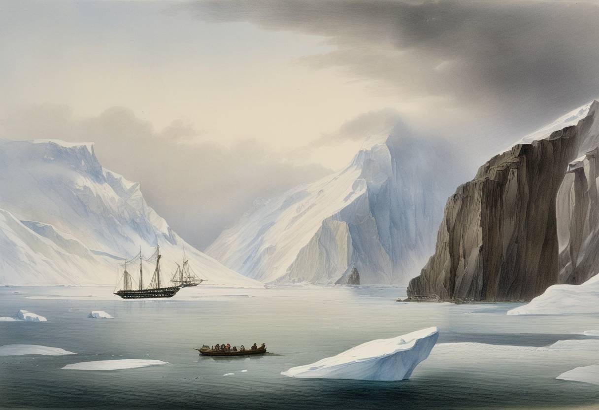 Watercolor painting based depiction of The McDonald Islands are discovered by Captain William McDonald aboard the Samarang. (1854)