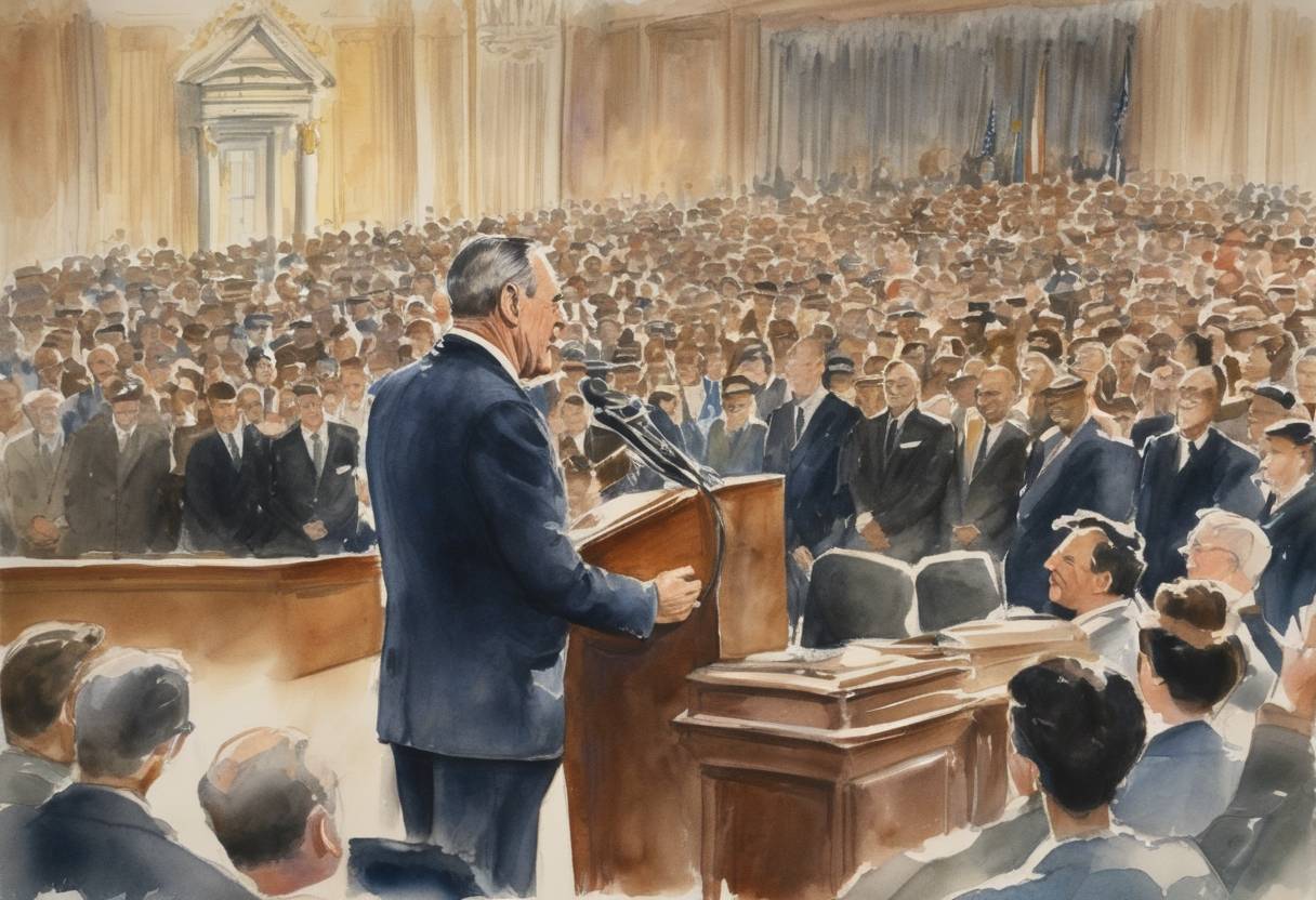 Watercolor painting based depiction of U.S. President Lyndon B. Johnson announced the Great Society social reforms during a speech at the University of Michigan. (1964)