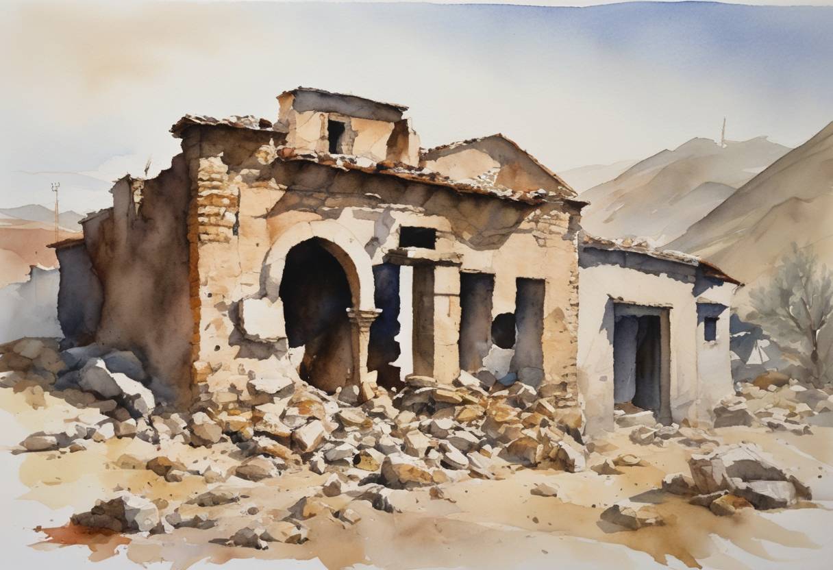Watercolor painting based depiction of An earthquake with a magnitude of 5.7 struck Burdur, Turkey, causing damage to buildings and a few injuries. (2002)