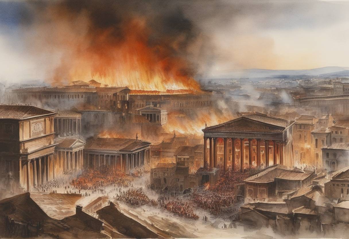 Watercolor painting based depiction of The Great Fire of Rome begins, leading to widespread destruction over several days. The fire engulfs much of the city, lasting for six days before being brought under control. The aftermath saw Emperor Nero blaming Christians for the fire, leading to a severe persecution. (64)
