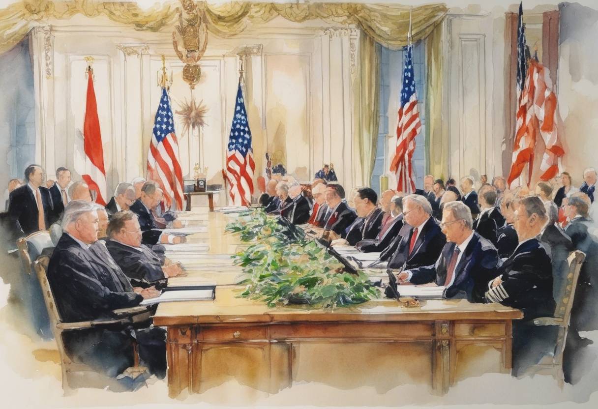 Watercolor painting based depiction of The United States and Poland sign a missile defense cooperation agreement in Washington, D.C., aimed at enhancing their mutual defense capabilities through the deployment of missile systems. (2001)