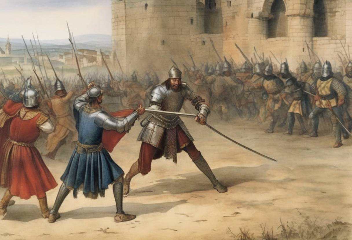 Watercolor painting based depiction of Pedro the Cruel of Castile challenges his half-brother Henry of Trastámara to a duel that ultimately led to the War of the Castilian Succession. (1369)