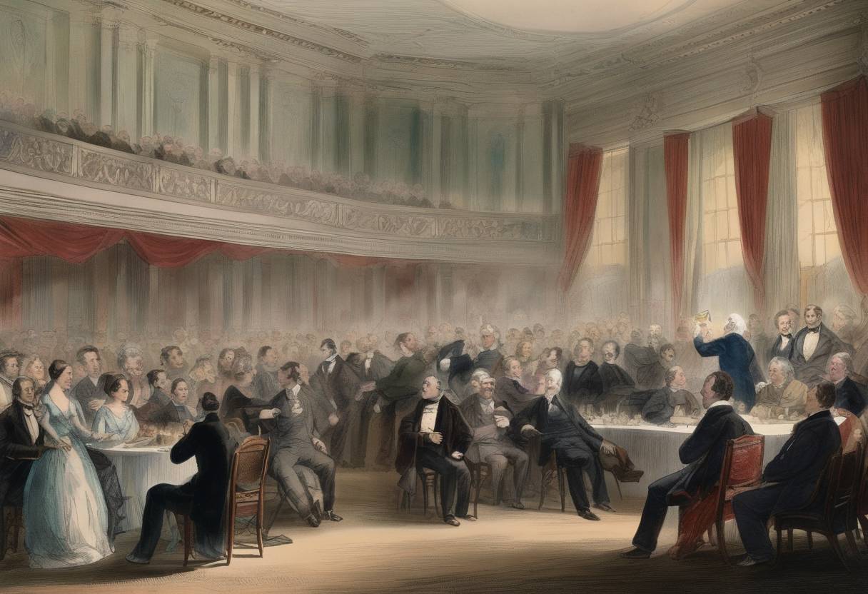 Watercolor painting based depiction of The Know-Nothing Party holds its first national convention in Philadelphia, where Millard Fillmore is nominated as the presidential candidate. (1856)