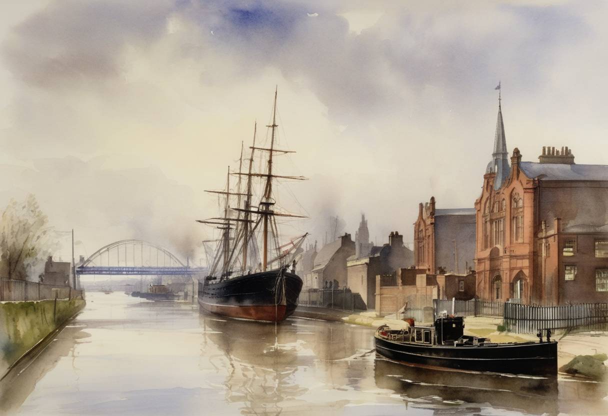 Watercolor painting based depiction of The Manchester Ship Canal is officially opened by Queen Victoria, linking Manchester to the sea. (1894)