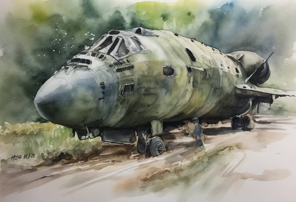 Watercolor painting based depiction of An international investigation officially accused the Russian military of responsibility for the missile that downed flight MH17 over Ukraine in 2014, killing all 298 on board. (2018)