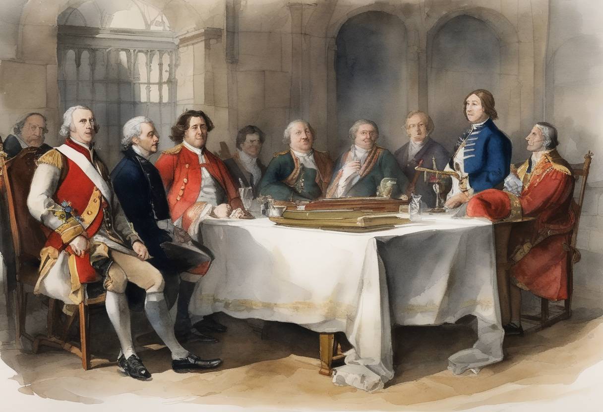 Watercolor painting based depiction of A peace treaty between France and England known as the Treaty of Northampton was ratified, ending the First War of Scottish Independence. This treaty recognized the independence of Scotland and represented a significant diplomatic achievement for the Scots, under the leadership of King Robert the Bruce. (1328)