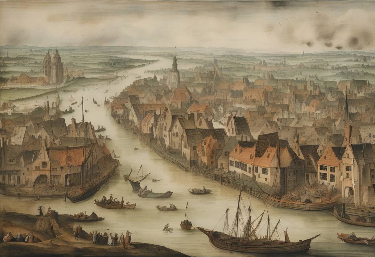 Watercolor painting based depiction of The All Saints' Flood devastated parts of the Netherlands, England, and Germany, leading to significant loss of life and property. (1570)