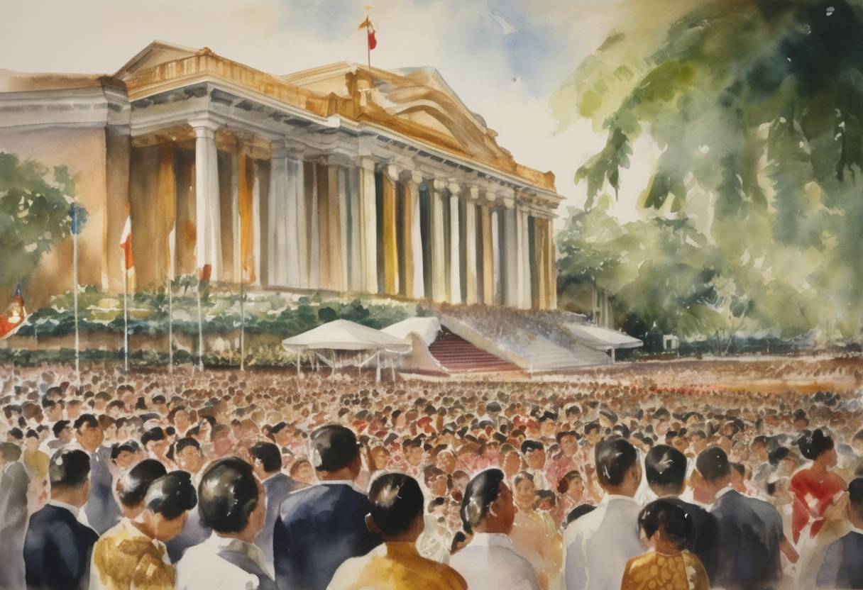 Watercolor painting based depiction of The inauguration of Ferdinand Marcos as the 6th President of the Philippines takes place. (1951)
