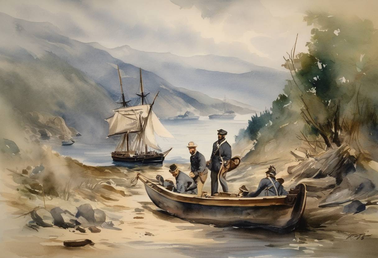 Watercolor painting based depiction of The American Civil War hero and future Medal of Honor recipient, Captain Gwinn Harris Heap, led a US Navy survey expedition from the Pacific Mail Steamship Company San Francisco to Panama. (1854)
