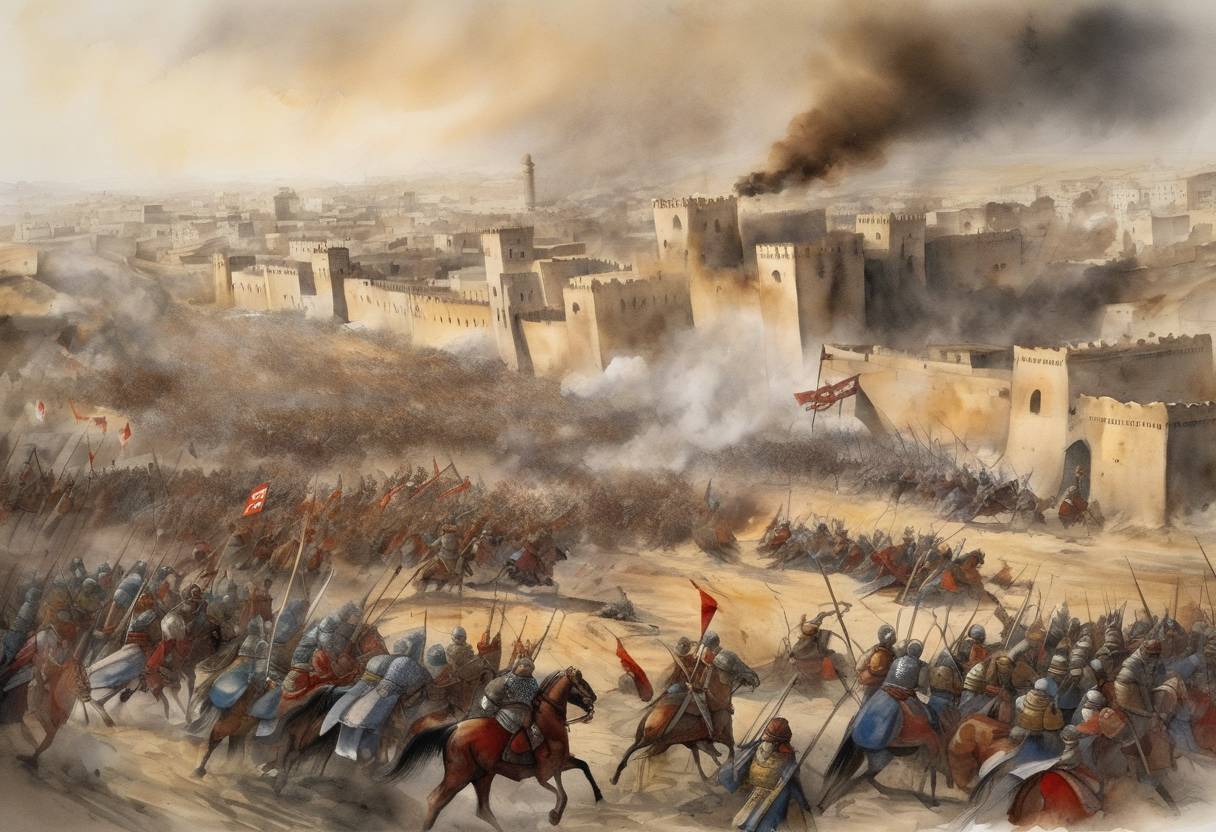 Watercolor painting based depiction of The Second Battle of Homs took place, a significant conflict of the Mamluk-Mongol Wars, where the Mamluks emerged victorious over the Ilkhanate forces, asserting their control over Syria. (1307)