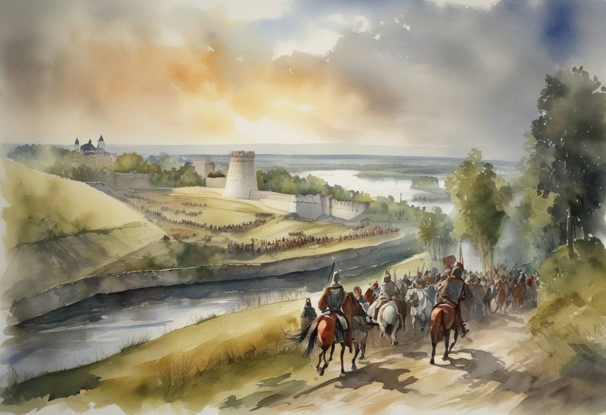 Watercolor painting based depiction of The Republic of Novgorod was defeated by the Livonian Brothers of the Sword in the Battle of Ümera. (1184)