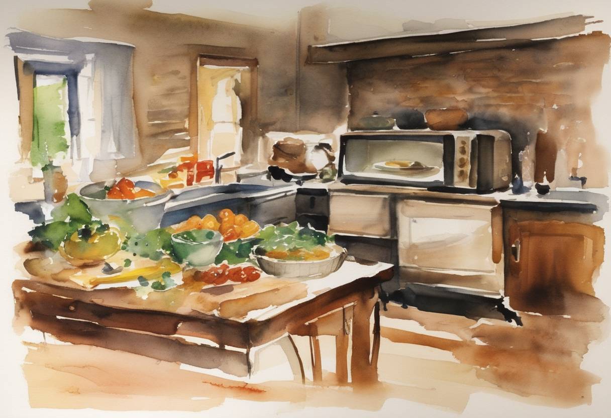 Watercolor painting based depiction of Julia Child's television show 'The French Chef' premiered, bringing French cuisine into American homes. (1963)