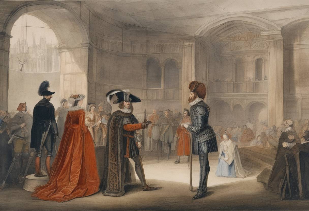 Watercolor painting based depiction of Robert Devereux, 2nd Earl of Essex, is executed for treason following his unsuccessful rebellion against Queen Elizabeth I of England. (1601)