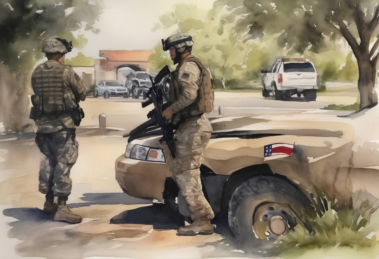 Watercolor painting based depiction of A mass shooting took place at Fort Hood, Texas, when a gunman, who was also an Army Specialist, opened fire on the base, killing three people and injuring sixteen others before taking his own life. (2014)