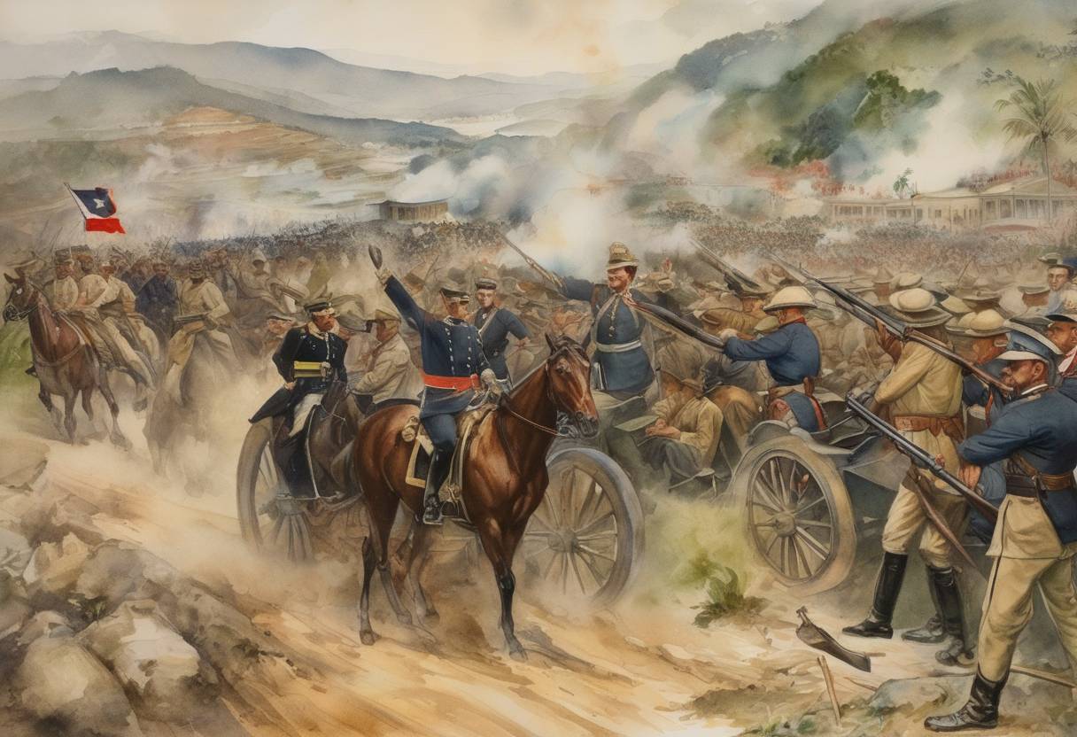 Watercolor painting based depiction of The Battle of San Juan Hill took place in Cuba, with American forces, including future President Theodore Roosevelt, securing a crucial victory in the Spanish-American War. (1898)